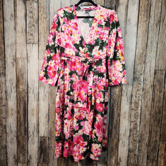 ZARA Pink Floral Print Midi Belted Dress - M - Picture 4 of 15
